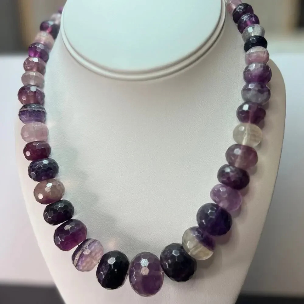 Fluorite faceted beaded statement necklace with 925 clasp